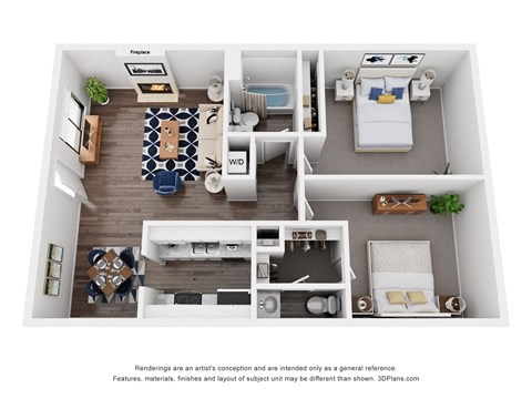 A 3D floor plan of a small apartment with a living room, kitchen, and two bedrooms.